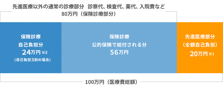 総医療費が100万円、そのうち先進医療技術の費用が20万円※1の場合